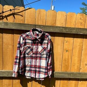 Long sleeve lightweight flannel plaid‎ shirt sz medium red vintage button woman